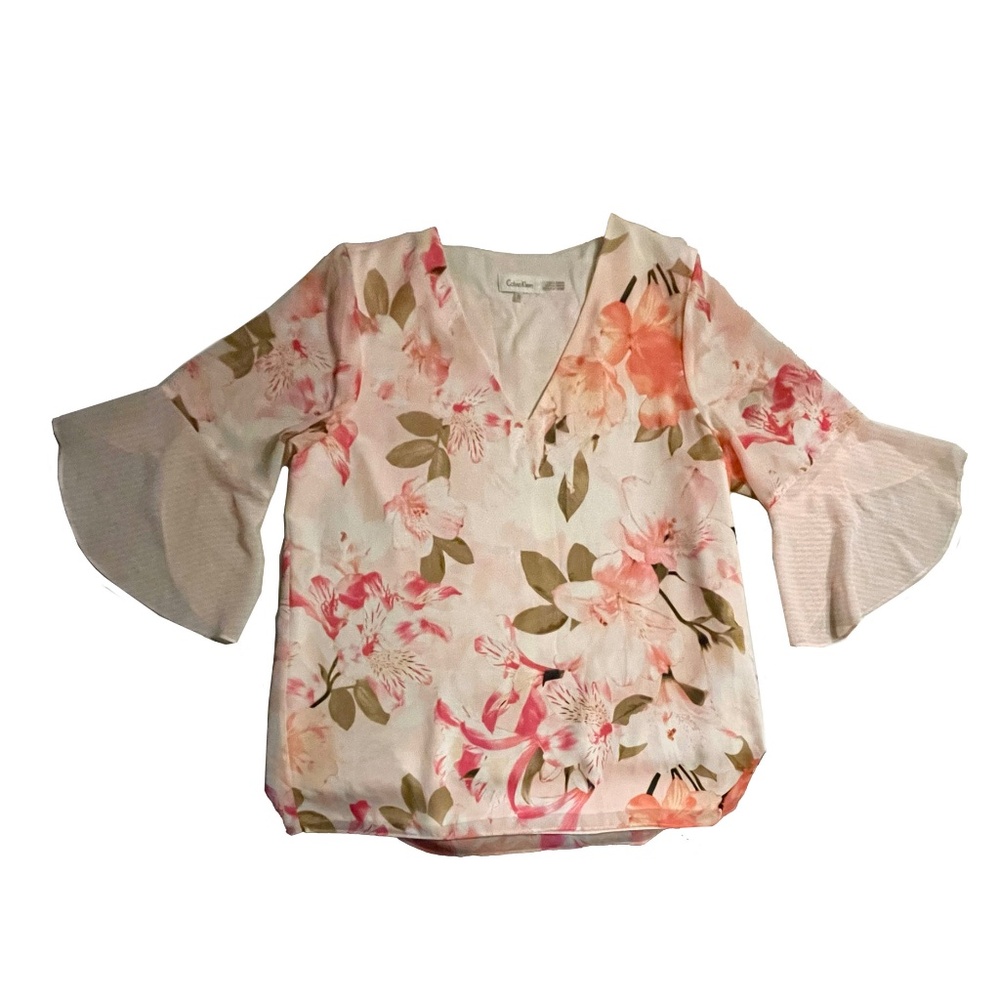 CALVIN KLEIN: Floral Pink and White V-Neck Mid-Sleeve Blouse
